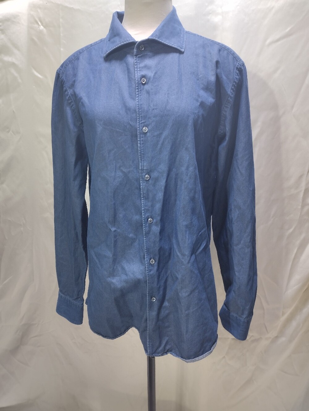 Luca Faloni Brushed Button Up Shirt Chambray Blue Size 44 17 1/2.